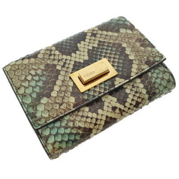 FENDI Peekaboo Bifold Wallet Leather Python Snake Green Beige multicolor - Picture 1 of 6